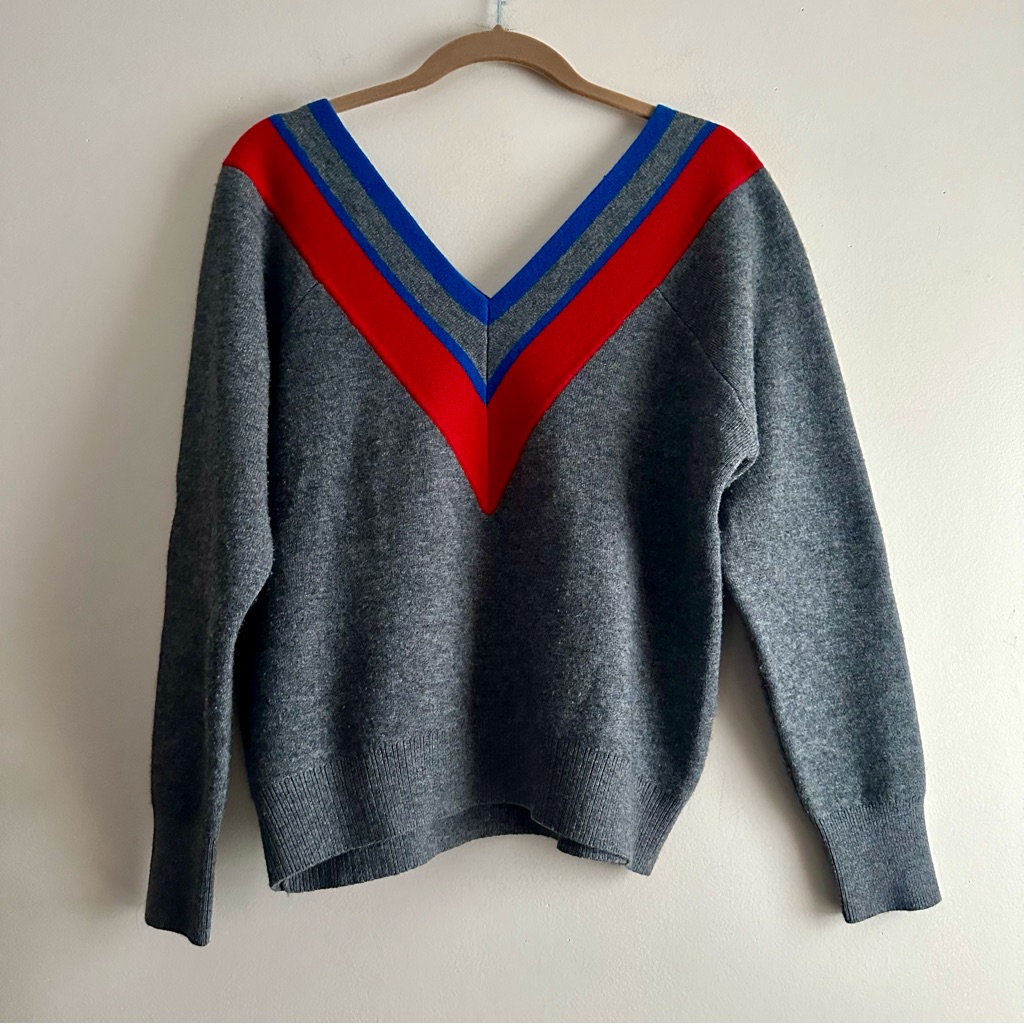 Sandro Gray V-Neck Sweater With Red And Blue Accents